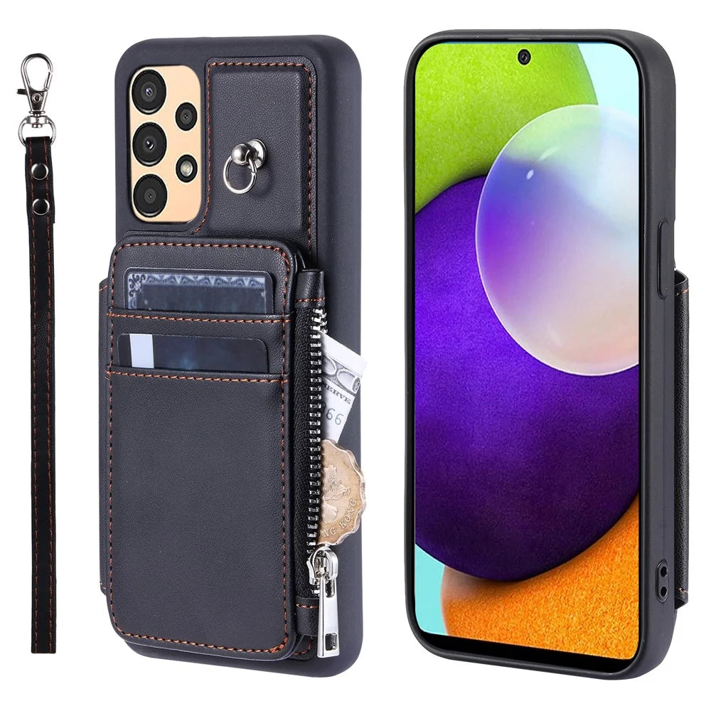 009 For Samsung Galaxy A52 4G / A52 5G / A52s 5G RFID Blocking Phone Case PU+TPU Cover Kickstand Zipper Wallet Shell with Strap - Black - 1