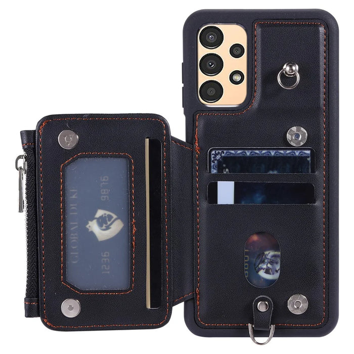 009 For Samsung Galaxy A52 4G / A52 5G / A52s 5G RFID Blocking Phone Case PU+TPU Cover Kickstand Zipper Wallet Shell with Strap - Black - 2