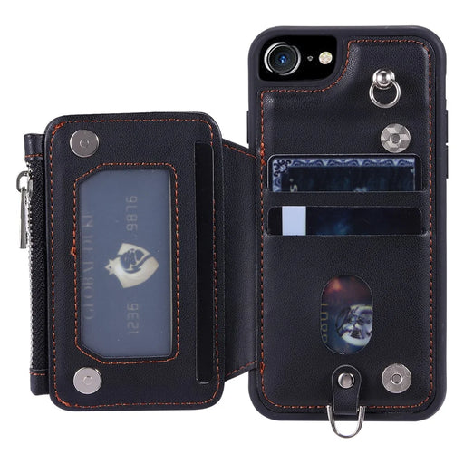 009 For iPhone 6 / 6s / 7 / 8 / SE (2020) / SE (2022) Back Shell RFID Blocking Zipper Wallet Case PU Leather+TPU Kickstand Phone Cover with Straps - Black - 2