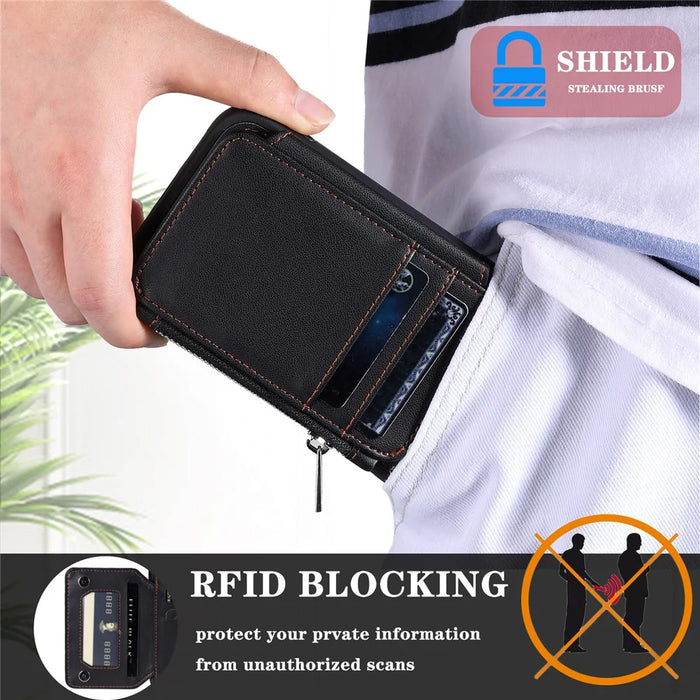 009 For iPhone 6 / 6s / 7 / 8 / SE (2020) / SE (2022) Back Shell RFID Blocking Zipper Wallet Case PU Leather+TPU Kickstand Phone Cover with Straps - Black - 6