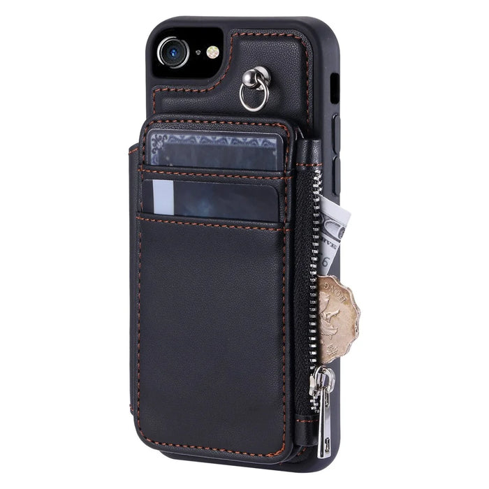 009 For iPhone 6 / 6s / 7 / 8 / SE (2020) / SE (2022) Back Shell RFID Blocking Zipper Wallet Case PU Leather+TPU Kickstand Phone Cover with Straps - Black - 7