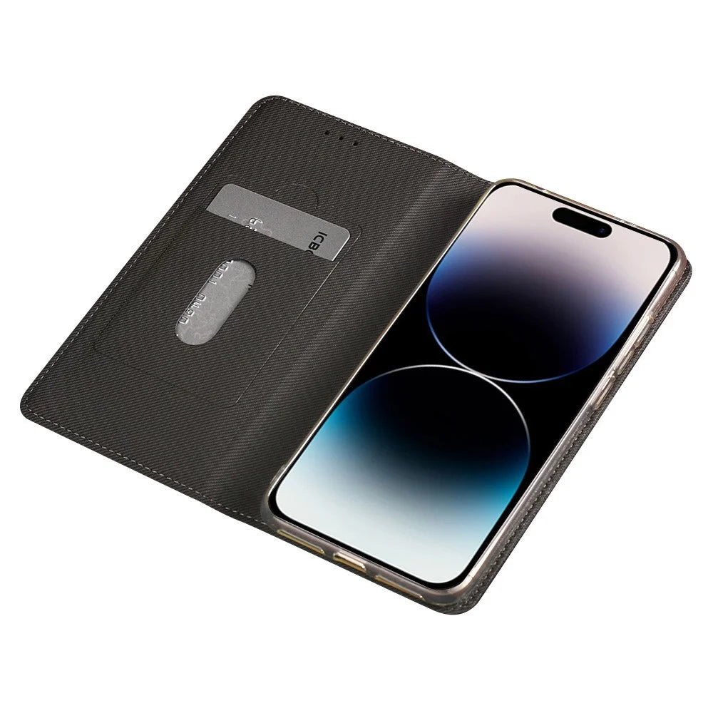 IDEWEI For iPhone 15 Retro Texture Mobile Phone Case PU Leather Shell Stand Magnetic Phone Cover with Card Slot - Black - 3