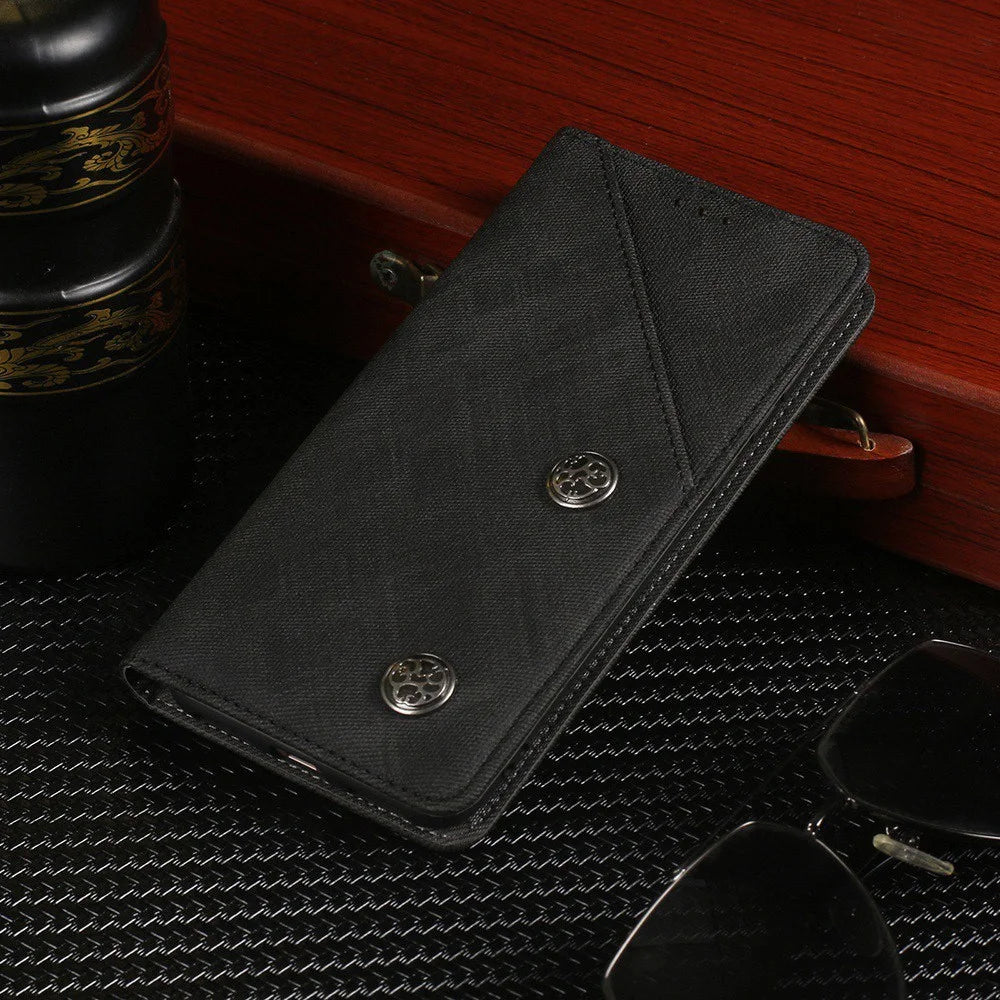IDEWEI For iPhone 15 Retro Texture Mobile Phone Case PU Leather Shell Stand Magnetic Phone Cover with Card Slot - Black - 6