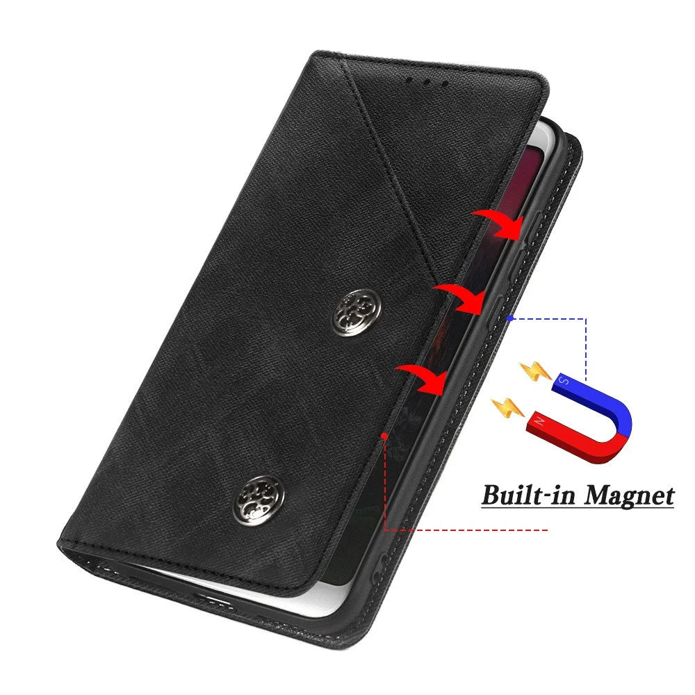 IDEWEI For iPhone 15 Plus Phone Case Retro Texture PU Leather+TPU Stand Magnetic Phone Cover with Card Slot - Black - 5
