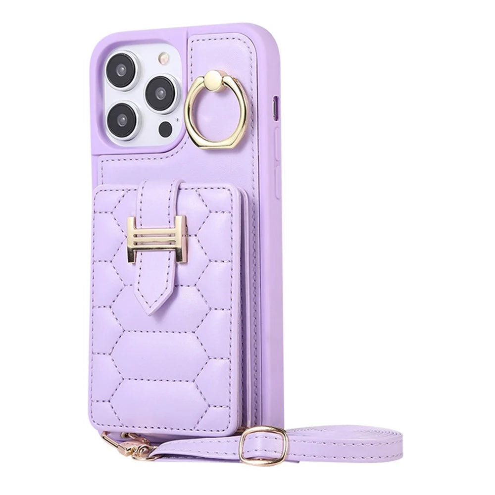 For iPhone 15 Pro PU Leather+TPU Cover Phone Shell Card Holder Cell Phone Cover with Ring Holder Kickstand - Light Purple - 1