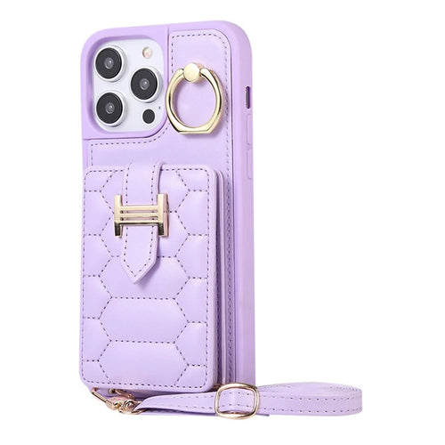 For iPhone 15 Pro PU Leather+TPU Cover Phone Shell Card Holder Cell Phone Cover with Ring Holder Kickstand - Light Purple - 1