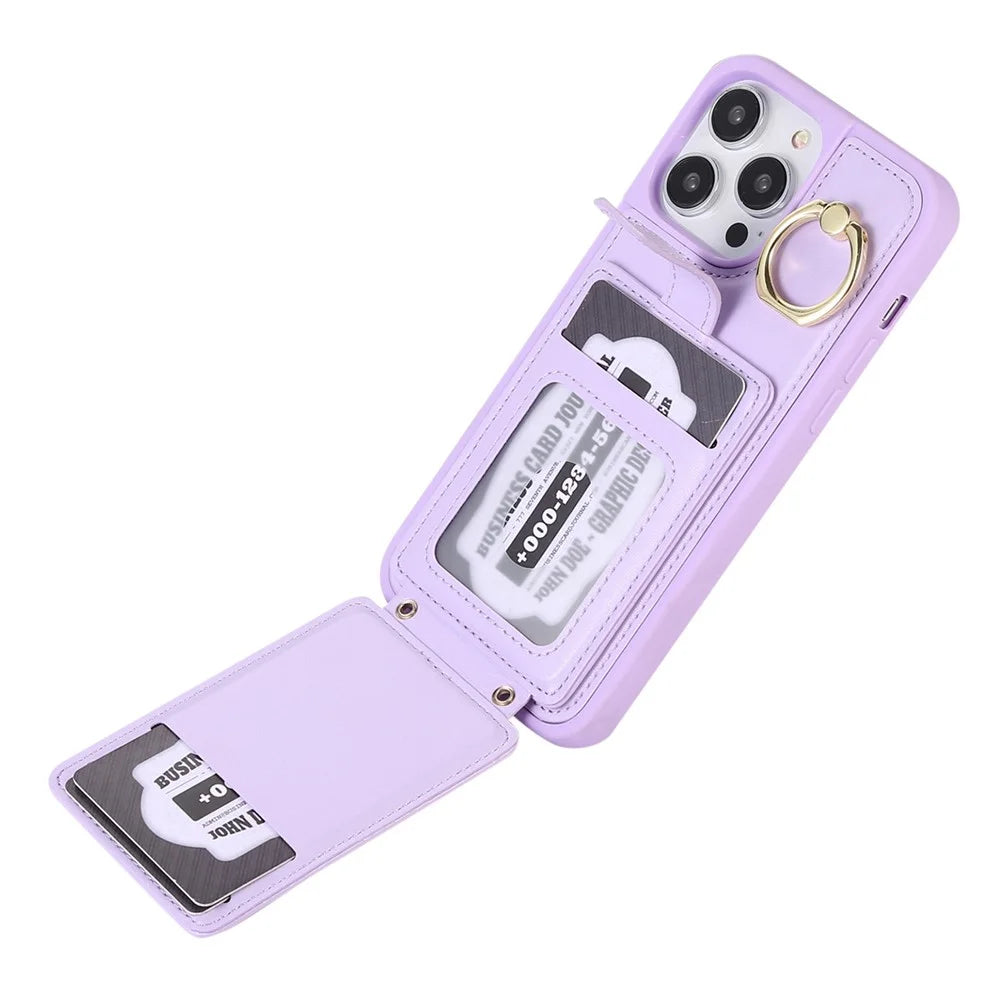 For iPhone 15 Pro PU Leather+TPU Cover Phone Shell Card Holder Cell Phone Cover with Ring Holder Kickstand - Light Purple - 3