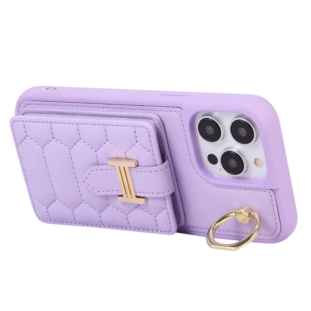 For iPhone 15 Pro PU Leather+TPU Cover Phone Shell Card Holder Cell Phone Cover with Ring Holder Kickstand - Light Purple - 4