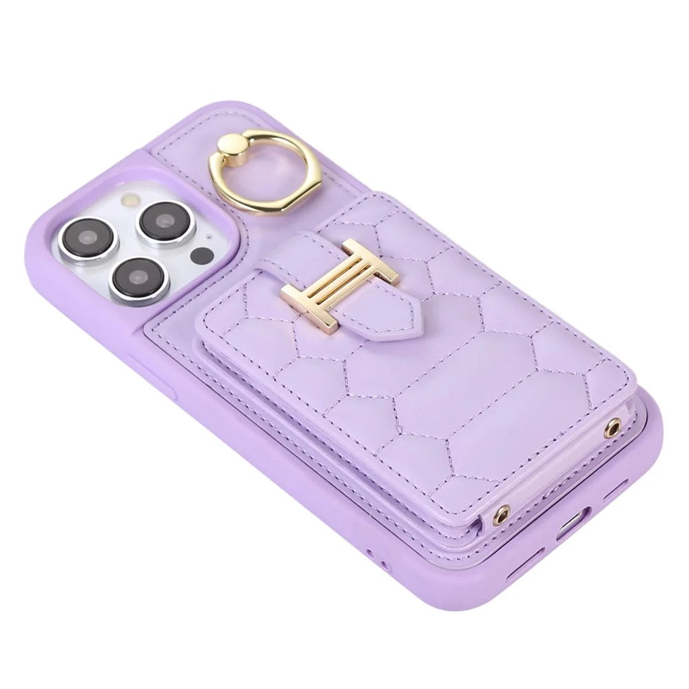 For iPhone 15 Pro PU Leather+TPU Cover Phone Shell Card Holder Cell Phone Cover with Ring Holder Kickstand - Light Purple - 6