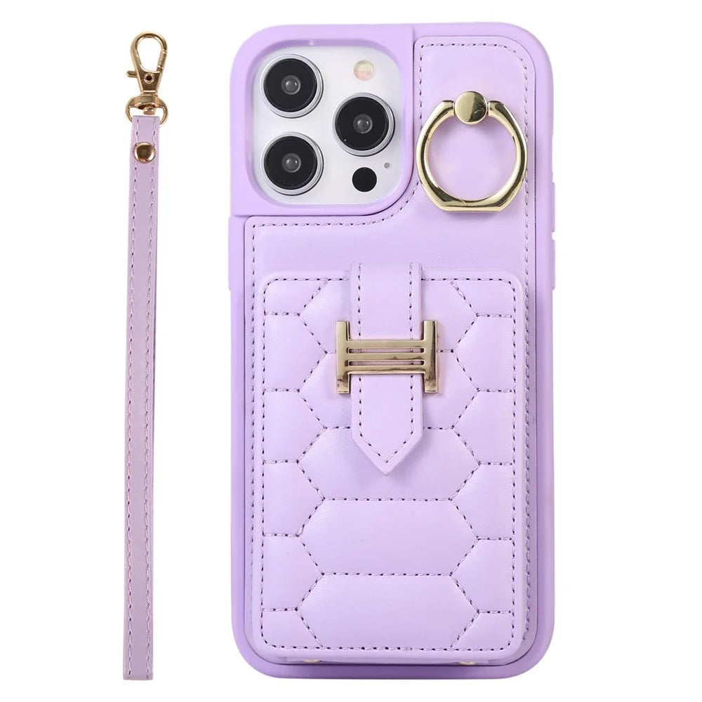 For iPhone 15 Pro PU Leather+TPU Cover Phone Shell Card Holder Cell Phone Cover with Ring Holder Kickstand - Light Purple - 7