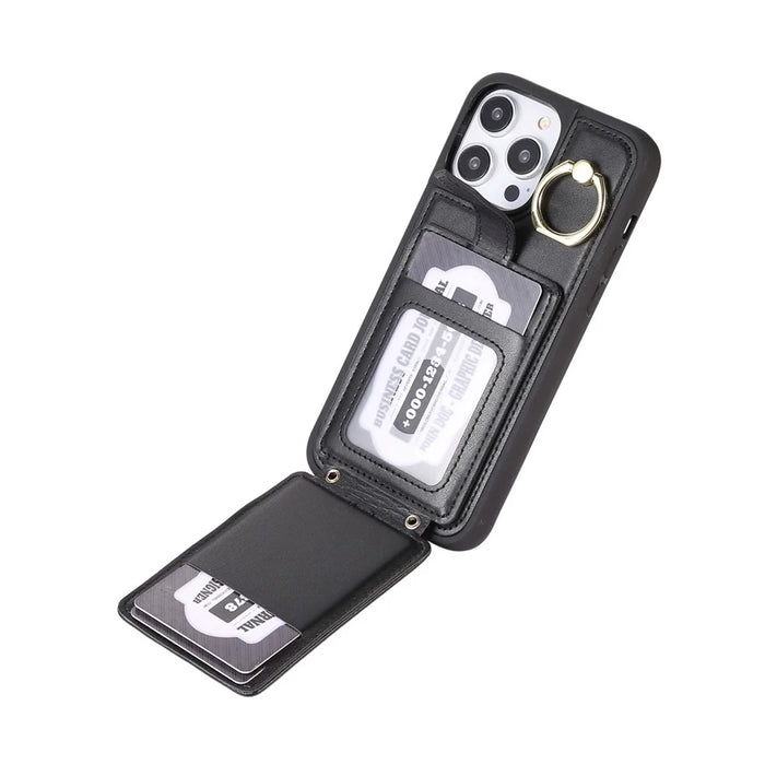 Cell Phone Shell for iPhone 15 Plus Ring Holder Kickstand PU Leather+TPU Cover Phone Case with Card Holder - Black - 3