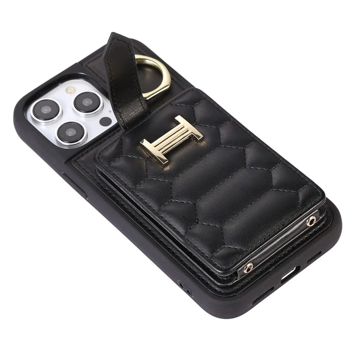 Cell Phone Shell for iPhone 15 Plus Ring Holder Kickstand PU Leather+TPU Cover Phone Case with Card Holder - Black - 5