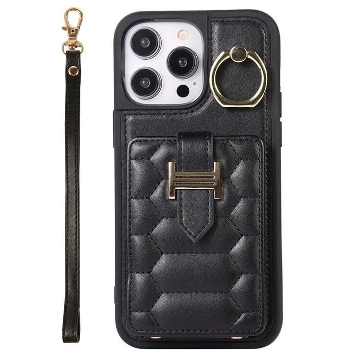 Cell Phone Shell for iPhone 15 Plus Ring Holder Kickstand PU Leather+TPU Cover Phone Case with Card Holder - Black - 6