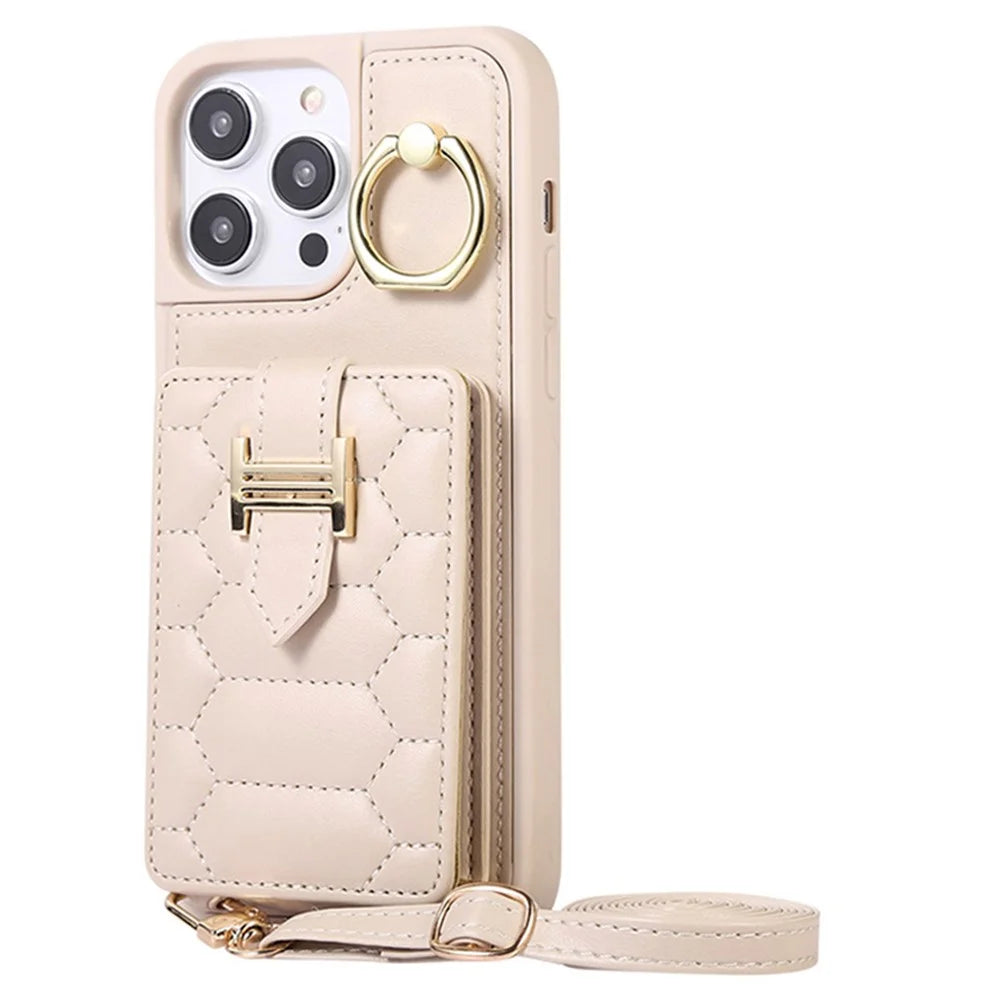 For iPhone 15 Kickstand Phone Cover Case Slim-Fit PU Leather+TPU Card Holder Cell Phone Shell - Beige - 1
