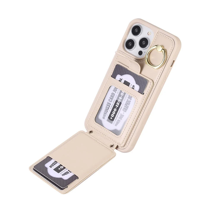 For iPhone 15 Kickstand Phone Cover Case Slim-Fit PU Leather+TPU Card Holder Cell Phone Shell - Beige - 3