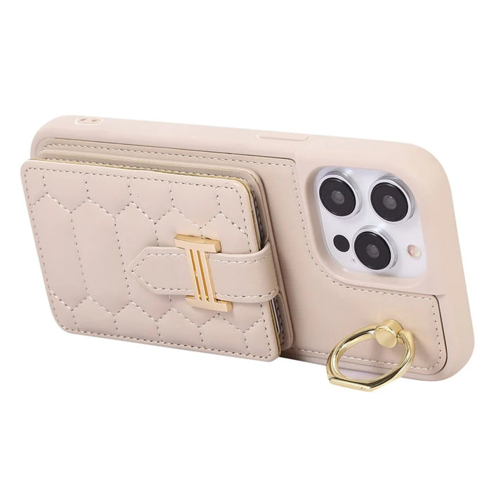 For iPhone 15 Kickstand Phone Cover Case Slim-Fit PU Leather+TPU Card Holder Cell Phone Shell - Beige - 4