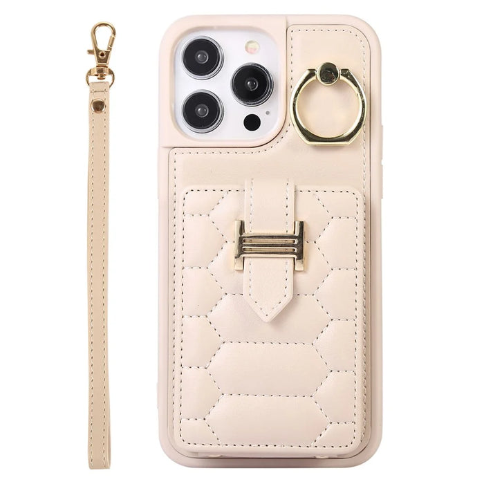 For iPhone 15 Kickstand Phone Cover Case Slim-Fit PU Leather+TPU Card Holder Cell Phone Shell - Beige - 6
