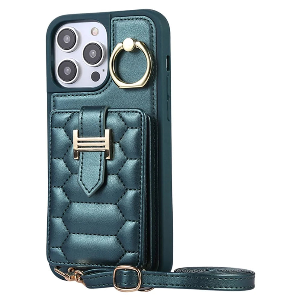 For iPhone 15 Pro Max Ring Holder Kickstand PU Leather+TPU Cover Phone Case Card Holder Cell Phone Shell - Blackish Green - 1