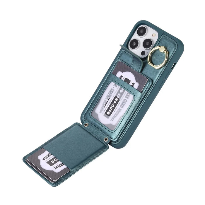 For iPhone 15 Pro Max Ring Holder Kickstand PU Leather+TPU Cover Phone Case Card Holder Cell Phone Shell - Blackish Green - 3