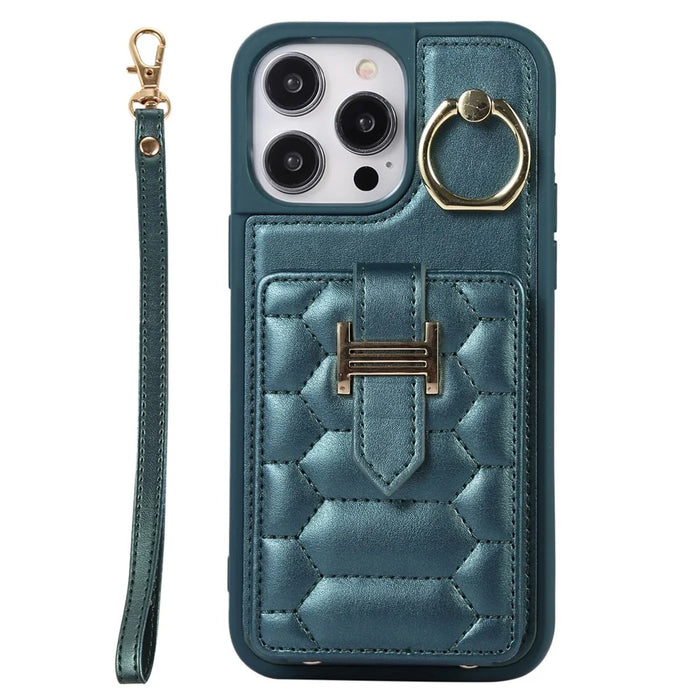For iPhone 15 Pro Max Ring Holder Kickstand PU Leather+TPU Cover Phone Case Card Holder Cell Phone Shell - Blackish Green - 6