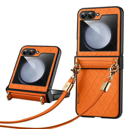 SULADA For Samsung Galaxy Z Flip5 5G PU Leather Coated PC Case Imprinted Phone Cover with Shoulder Strap - Orange - 1