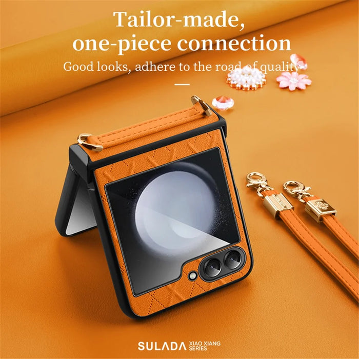 SULADA For Samsung Galaxy Z Flip5 5G PU Leather Coated PC Case Imprinted Phone Cover with Shoulder Strap - Orange - 3