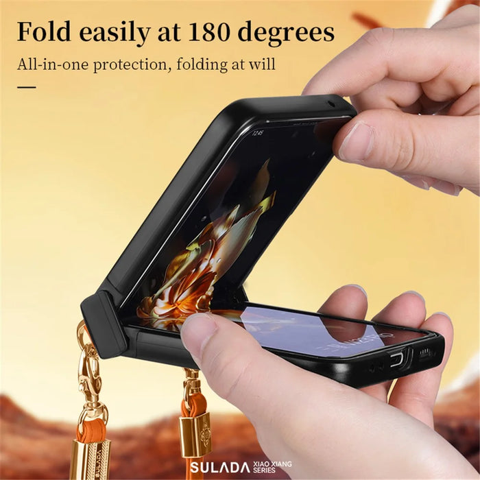 SULADA For Samsung Galaxy Z Flip5 5G PU Leather Coated PC Case Imprinted Phone Cover with Shoulder Strap - Orange - 5