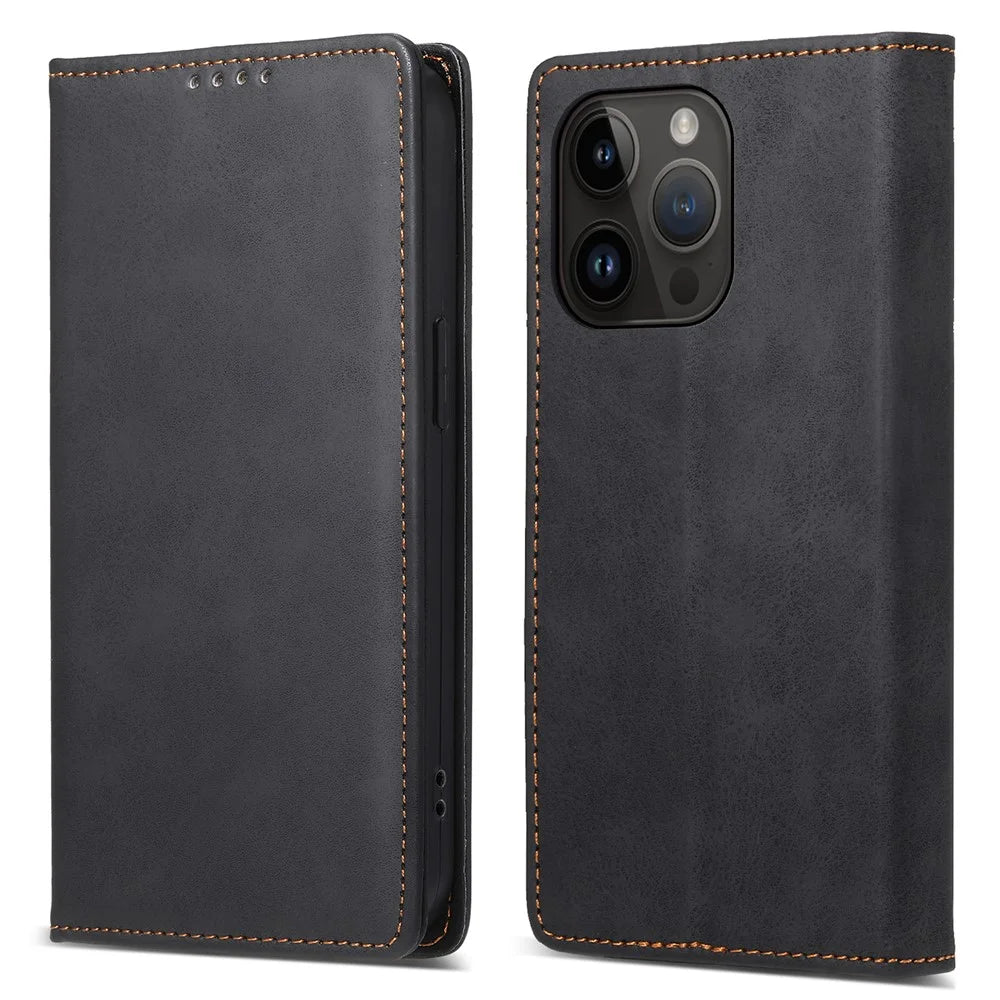 DF-05 For iPhone 15 Pro Max PU Leather Smartphone Case RFID Blocking Phone Stand Cover Wallet - Black - 1