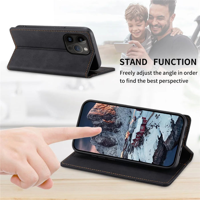 DF-05 For iPhone 15 Pro Max PU Leather Smartphone Case RFID Blocking Phone Stand Cover Wallet - Black - 7