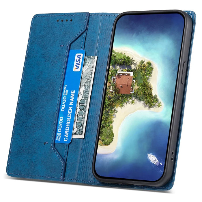 DF-05 PU Leather Smartphone Case for iPhone 15 Pro , RFID Blocking Phone Stand Cover Wallet - Blue - 3