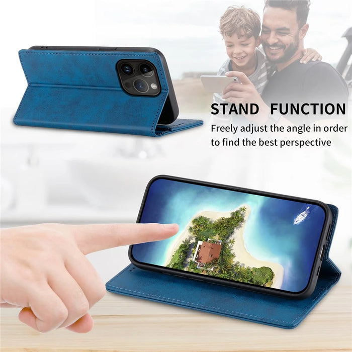 DF-05 PU Leather Smartphone Case for iPhone 15 Pro , RFID Blocking Phone Stand Cover Wallet - Blue - 7