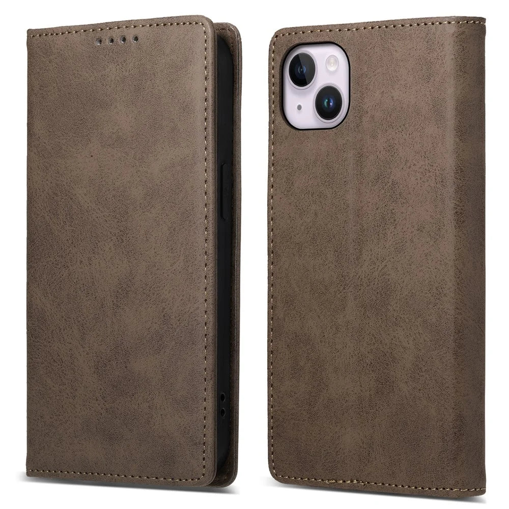 DF-05 Stand Cover for iPhone 15 Plus , PU Leather Smartphone Case RFID Blocking Phone Shell Wallet - Brown - 1