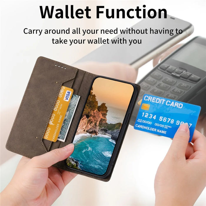 DF-05 Stand Cover for iPhone 15 Plus , PU Leather Smartphone Case RFID Blocking Phone Shell Wallet - Brown - 5