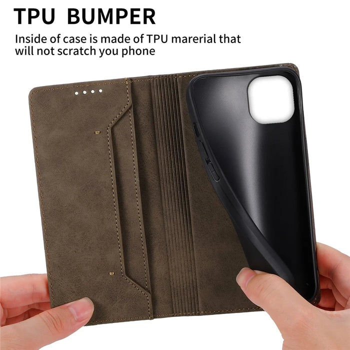 DF-05 Stand Cover for iPhone 15 Plus , PU Leather Smartphone Case RFID Blocking Phone Shell Wallet - Brown - 6