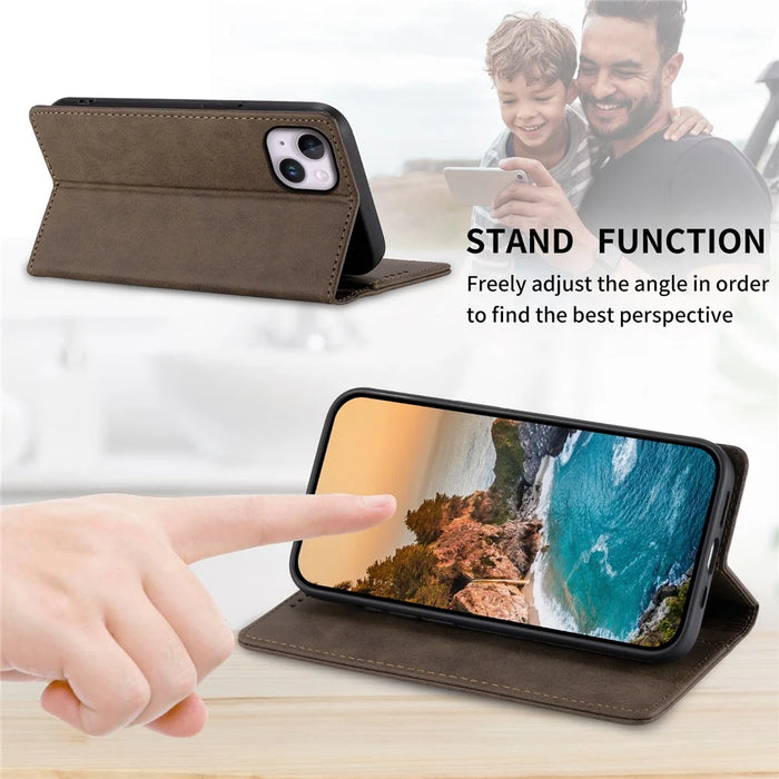 DF-05 Stand Cover for iPhone 15 Plus , PU Leather Smartphone Case RFID Blocking Phone Shell Wallet - Brown - 7