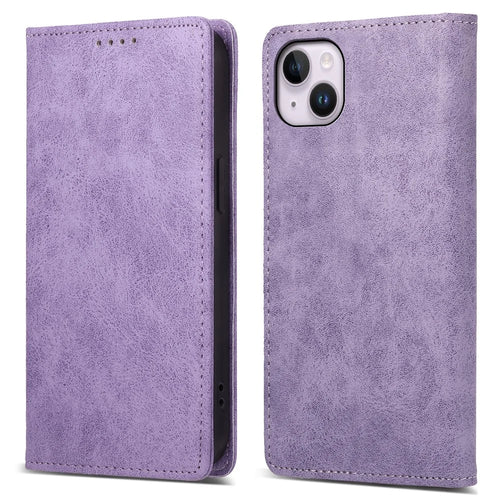 DF-05 For iPhone 15 PU Leather Smartphone Case RFID Blocking Phone Stand Cover Wallet - Purple - 1