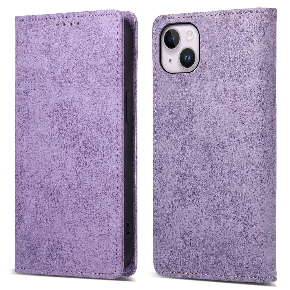 DF-05 For iPhone 15 PU Leather Smartphone Case RFID Blocking Phone Stand Cover Wallet - Purple - 1