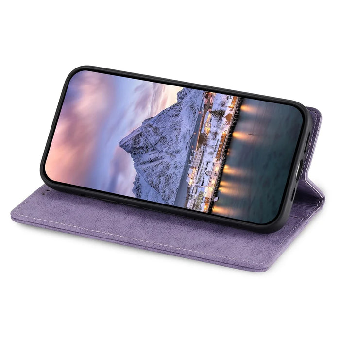 DF-05 For iPhone 15 PU Leather Smartphone Case RFID Blocking Phone Stand Cover Wallet - Purple - 2
