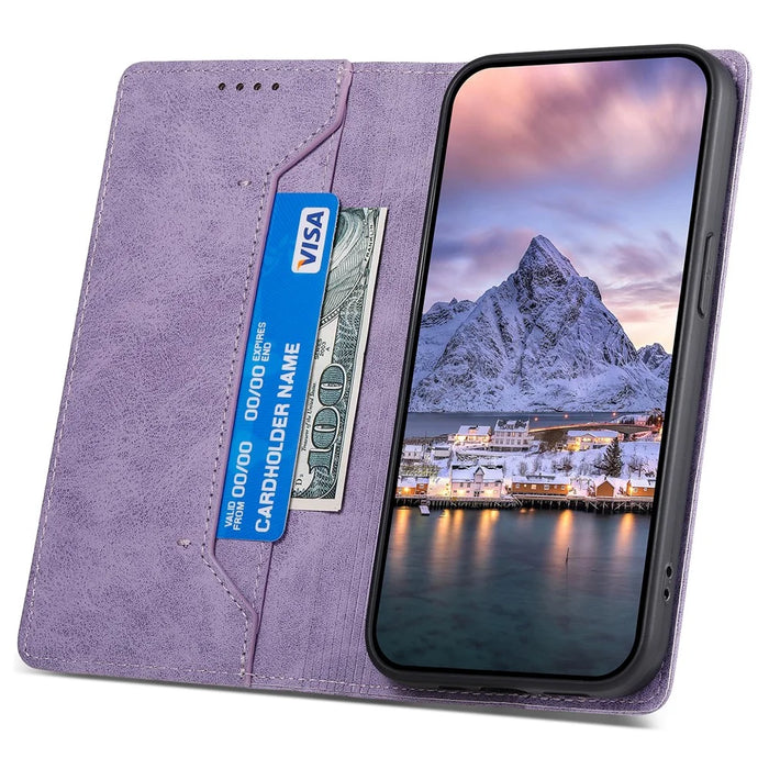DF-05 For iPhone 15 PU Leather Smartphone Case RFID Blocking Phone Stand Cover Wallet - Purple - 3