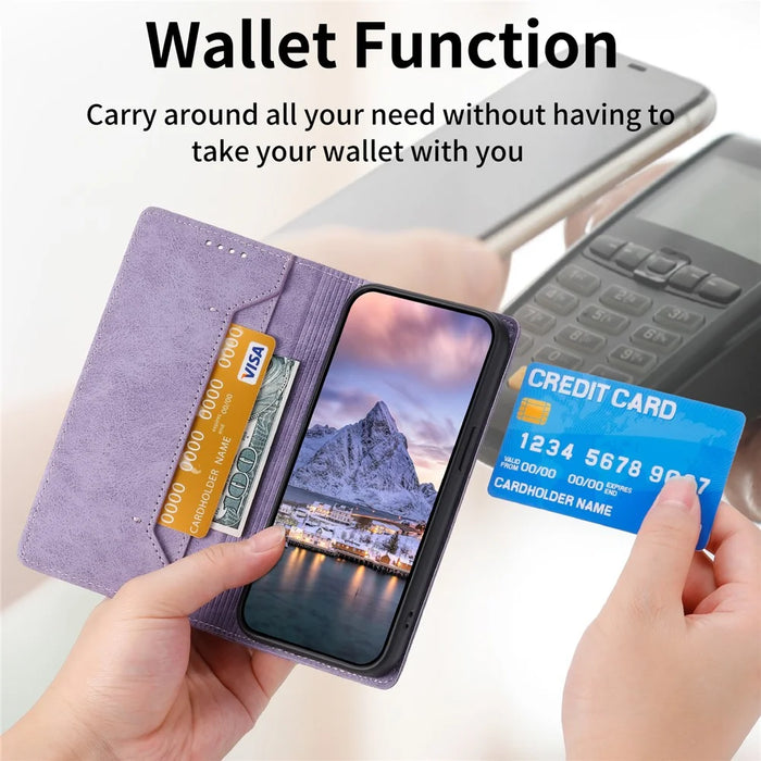 DF-05 For iPhone 15 PU Leather Smartphone Case RFID Blocking Phone Stand Cover Wallet - Purple - 5