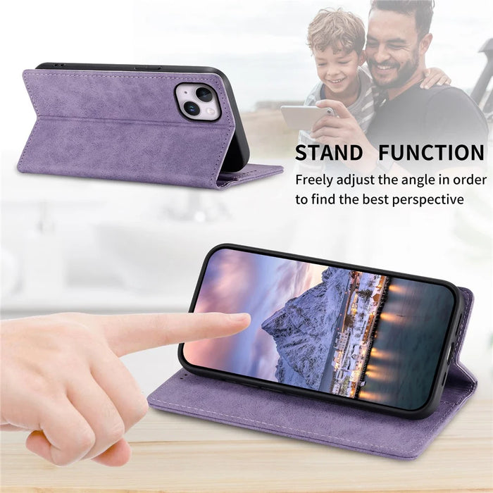 DF-05 For iPhone 15 PU Leather Smartphone Case RFID Blocking Phone Stand Cover Wallet - Purple - 7