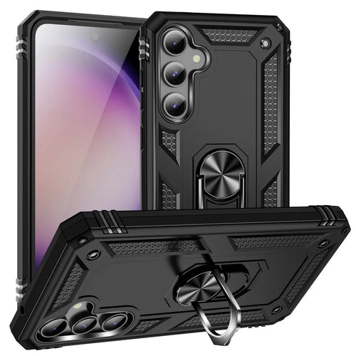 Phone Case for Samsung Galaxy S23 FE Ring Kickstand Anti-fall TPU+PC Cover with Car Mount Metal Sheet - Black - 1