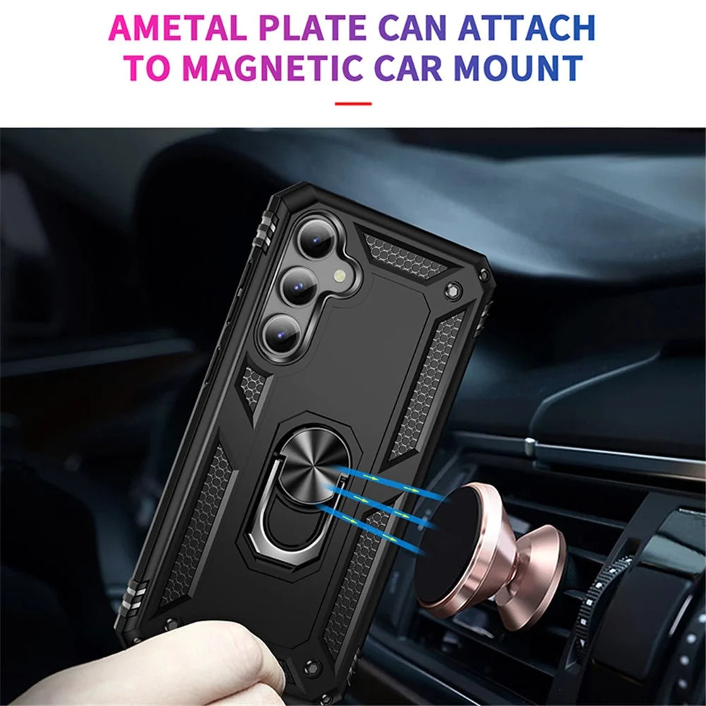 Phone Case for Samsung Galaxy S23 FE Ring Kickstand Anti-fall TPU+PC Cover with Car Mount Metal Sheet - Black - 2