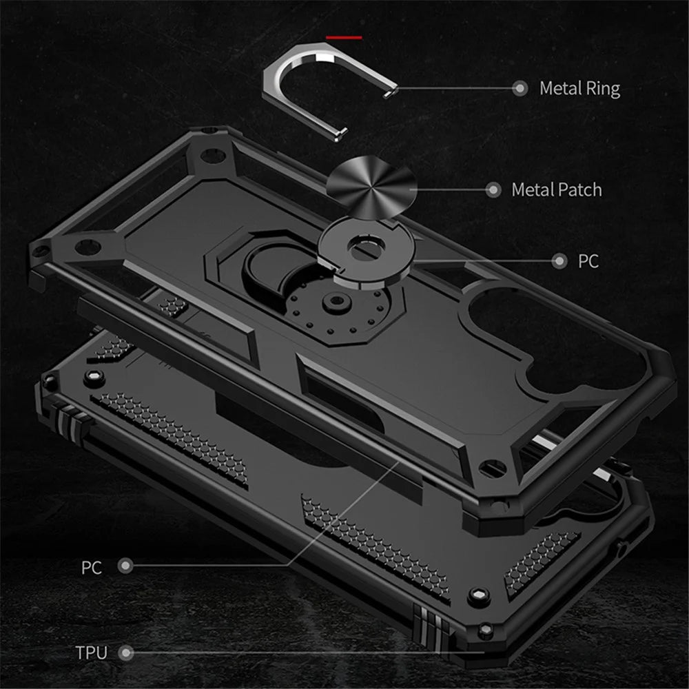 Phone Case for Samsung Galaxy S23 FE Ring Kickstand Anti-fall TPU+PC Cover with Car Mount Metal Sheet - Black - 3