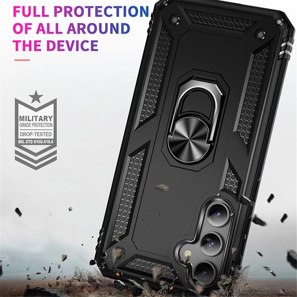 Phone Case for Samsung Galaxy S23 FE Ring Kickstand Anti-fall TPU+PC Cover with Car Mount Metal Sheet - Black - 4