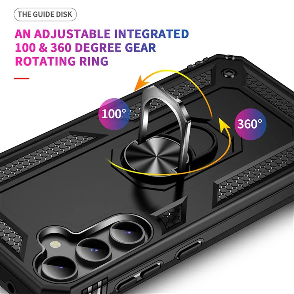 Phone Case for Samsung Galaxy S23 FE Ring Kickstand Anti-fall TPU+PC Cover with Car Mount Metal Sheet - Black - 6