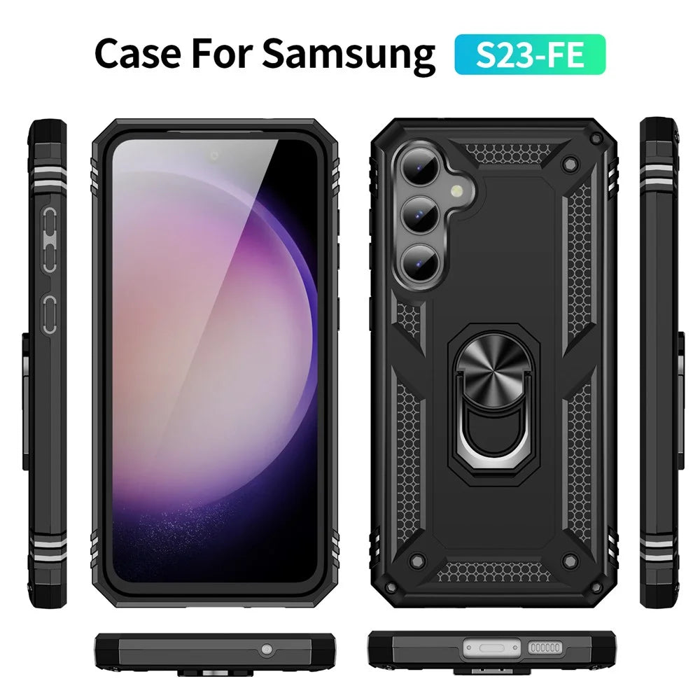 Phone Case for Samsung Galaxy S23 FE Ring Kickstand Anti-fall TPU+PC Cover with Car Mount Metal Sheet - Black - 7