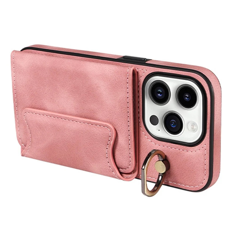 For iPhone 15 Pro Max Skin-touch PU Leather+TPU Cover Phone Case Card Holder Kickstand Phone Shell - Pink - 4