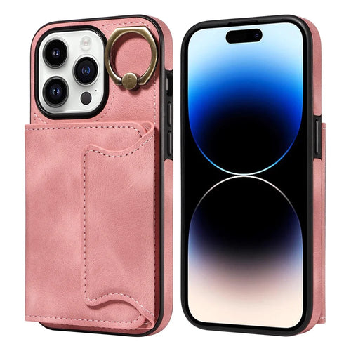 For iPhone 15 Phone Case Card Holder Kickstand Phone Shell Skin-touch PU Leather+TPU Cover - Pink - 1