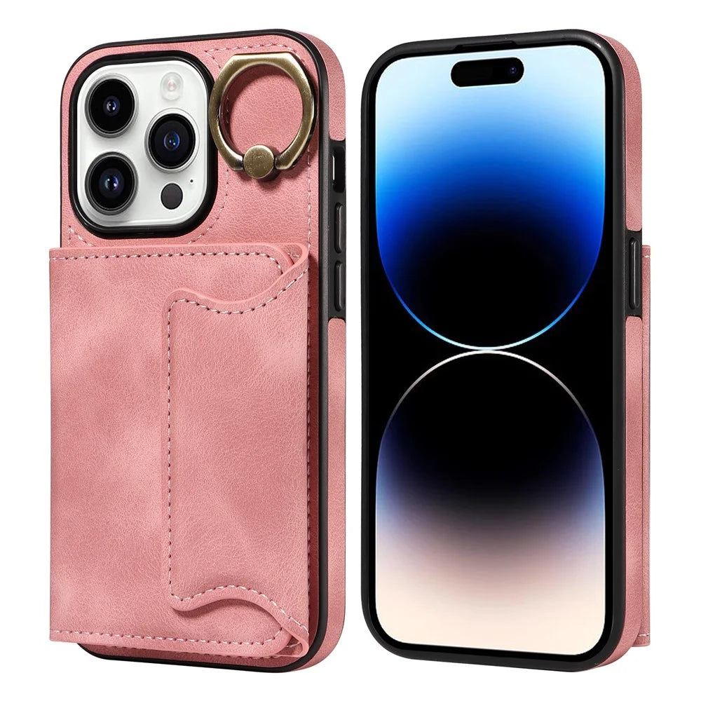 For iPhone 15 Plus PU Leather+TPU Cover Skin-touch Feeling Phone Case Card Holder Kickstand Phone Shell - Pink - 1